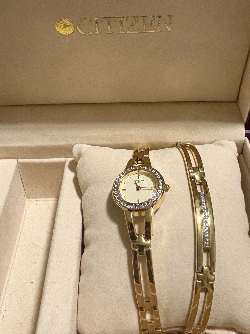 Citizen Gold-Tone Crystal Bezel Ladies Bracelet Watch with Matching Bangle